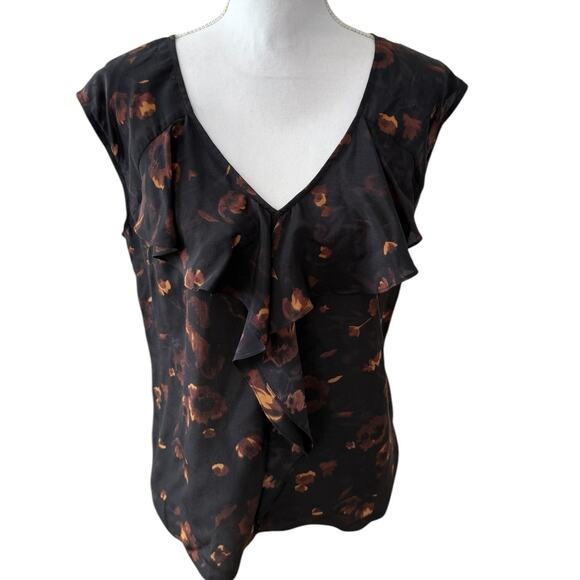 Talbots Silk Ruffle Front Dark Floral Print Sleeveless Top Black 8 - Picture 1 of 5
